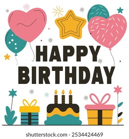 Clipart Colorful Birthday Party Celebration Wishing template Vector with Cartoon Balloons, Gifts, and Cake