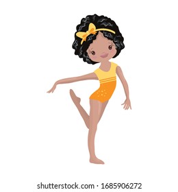 Clipart Cute African American Girl Gymnast Gym. Vector Illustration: Beautiful Cute Little Gymnast.
