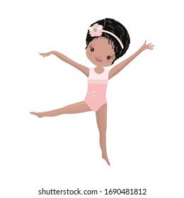Clipart Cute African American Girl Gymnast Gym. Vector Illustration: Beautiful Cute Little Gymnast.