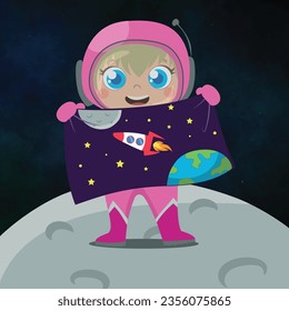 Clipart of a cute astronaut just landed in outer space holding a space exploration poster. Cartoon vector icon illustration. Science technology icon concept isolated vector. Flat cartoon style. 