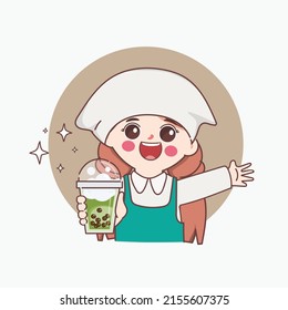 Clipart cute barista selling brown sugar bubble milk tea drink at shop. Vector character people design.