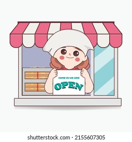 Clipart lindo chef sosteniendo caricaturas de caricatura con pancartas abiertas. Diseño de personajes vectores.