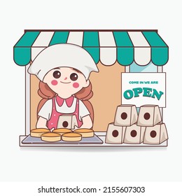 Clipart es un bonito chef que vende panadería de pan suave en la tienda. Diseño de personajes vectores.