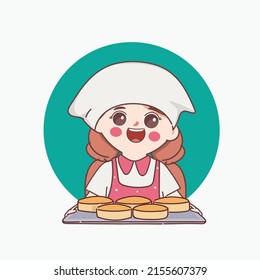 Clipart cute chef selling soft bread bakery at shop. Vector character people design.