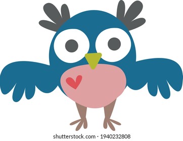 Clipart Cute funny blue little owl. Children's print with a bird owl. Print for the children's room. Pastel color. Retro style. Decor for decoration. Vector illustration in cartoon style.