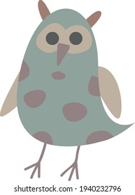Clipart Cute funny gray owl with peas. Children's print with a bird owl. Print for the children's room. Pastel color. Retro style. Decor for decoration. Vector illustration in cartoon style.
