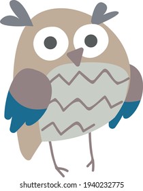 Clipart Cute funny gray striped owl. Children's print with a bird owl. Print for the children's room. Pastel color. Retro style. Decor for decoration. Vector illustration in cartoon style.
