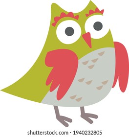 Clipart Cute funny green owl. Children's print with a bird owl. Print for the children's room. Decor for decoration. Vector illustration in cartoon style.