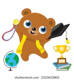 Clipart of cute and kawaii bear on a graduation ceremony holding a medal on white background for kids’ fashion artworks, children books, invitations, graduation cards, posters. Vector file.