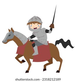 Clipart of cute knight riding horse in armour and holding a sword. Medieval fairytale knight character. Vector outline fantasy monarch kingdom.