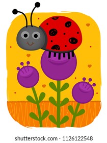 Clip-art of a cute ladybug standing on a purple flower. Eps10