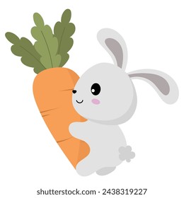 Clipart of cute little easter rabbit holding a carrot on a white background. Easter clipart for mascot, greeting card, stickers, clothing, printable game card. Flat Cartoon Style. Vector file.