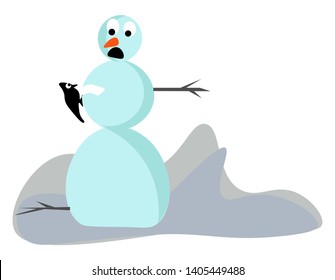 Clipart of a cute little snowman with its eyes rolled down surprisingly looks on the black-colored bird perched in its arms looks lovely, vector, color drawing or illustration. 