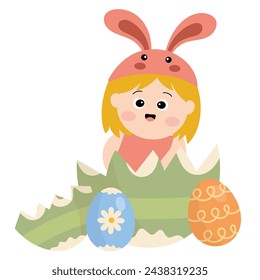 Clipart cute rabbit with basket of easter egg on a white background. Easter clipart for greeting card, stickers, clothing, printable game card. Vector file.