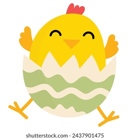 Clipart lindo pollito amarillo cracking de los huevos de Pascua sobre un fondo blanco. Clipart de Pascua para tarjeta de felicitación, pegatinas, ropa, tarjeta de juego imprimible. Archivo vectorial.