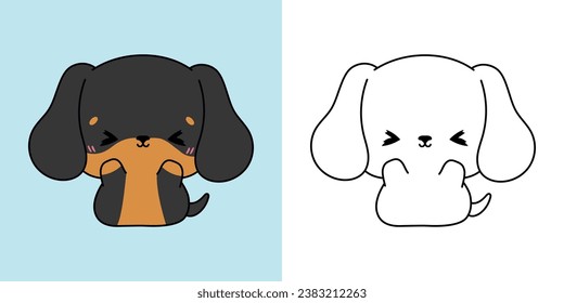 Clipart Dachshund Dog Multicolored and Black and White. Cute Clip Art Puppy. Cute Vector Illustration of a Kawaii Baby Animal for Stickers, Baby Shower, Coloring Pages. 