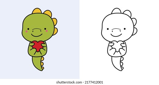 Clipart Dino Multicolored and Black and White. Cute Clip Art Dinosaur. Vector Illustration of a Kawaii Animal for Stickers, Baby Shower, Coloring Pages, Prints for Clothes. 