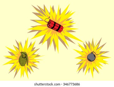 Clipart with dynamite, a bomb and the grenade during explosion