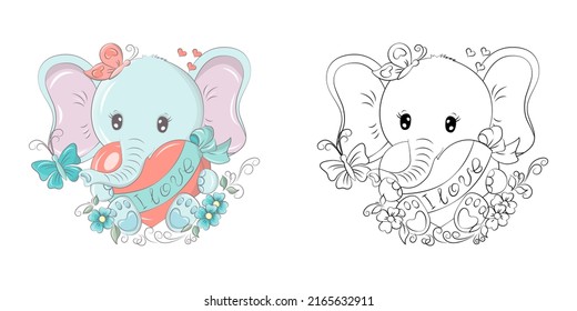 Clipart Elephant Multicolored and Black and White. Cute Clip Art Elephant with a Heart in its Paws. Vector Illustration of an Animal for Stickers, Baby Shower, Coloring Pages, Prints for Clothes