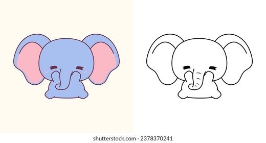 Clipart Elephant Multicolored and Black and White. Cute Clip Art Baby Animal. Cute Vector Illustration of a Kawaii African Animal for Stickers, Baby Shower, Coloring Pages. 