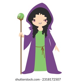 Clipart of an evil witch in a cloak holding a wand. Medieval fairytale an evil witch cartoon character. Vector outline fantasy monarch kingdom.