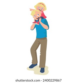 Clipart of a Father carrying his daughter on his shoulder. isolated on white background for greeting card, sticker, printing textile, etc. Happy Father’s Day. Vector file