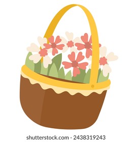Clipart of flowers in a basket on a white background. Easter clipart for greeting card, stickers, clothing, printable game card. Flat Cartoon Style. Vector file.