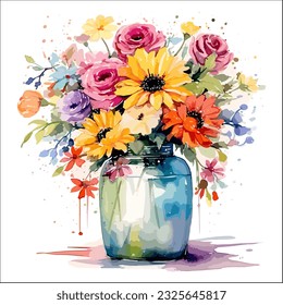 Clipart of flowers in a vase with watercolor painting style