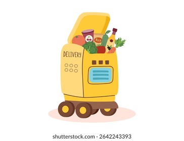 Clipart of food robot delivery isolated on white. Food delivery, technology, robotics, innovation concepts. Vector flat hand drawn illustration.