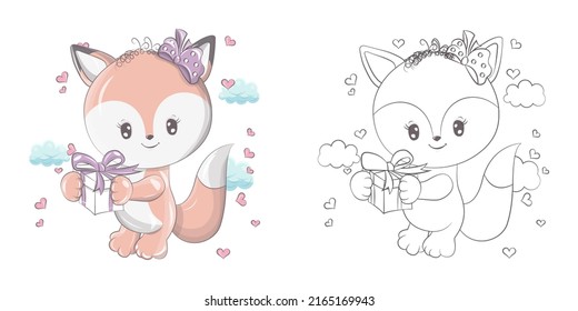 Clipart Fox Multicolored And Black And White. Cute Clip Art Fox With A Gift In Its Paws. Vector Illustration Of An Forest Animal For , Stickers, Baby Shower, Coloring Pages, Prints For Clothes. 