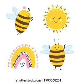 Clipart with funny bees, sun and rainbow. Children's clipart,, baby shower bee. Yellow, pink color.