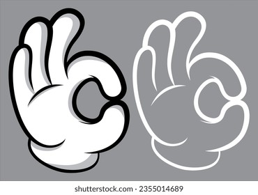 clipart funny ok hand sign vector gesture editable vector doodle. hand with gesture ok vector cartoon on isolated background. gesture good quality or ok in cartoon micky mouse