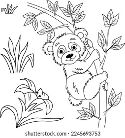 Clipart of a funny panda on a branch for a coloring book. Vector illustration of a panda on a branch, flower, and grass. Wild animal in the jungle