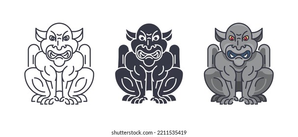 Clipart of a gargoyle in three versions. Architectural sculpture of gothic times illustrated in cartoon style. Linear black and white silhouette of a mythical creature isolated on white background