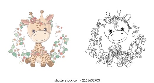 Clipart Giraffe Multicolored and Black and White. Cute Clip Art Giraffe Surrounded by Flowers. Illustration of an Animal for Stickers, Baby Shower, Coloring Pages, Prints for Clothes