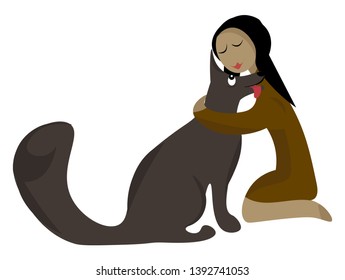 Clipart of a girl in a brown gown has knelt to the ground with eyes closed while hugging a grey dog with a bushy tail and tongue hanging out  vector  color drawing or illustration