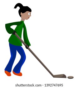 Clipart of a girl in a green top and blue pant shooting a ball using the curved end of the hockey stick into a goal  vector  color drawing or illustration