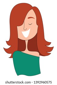 Clipart of a girl in a green top  red hair covering her face  smiles with her eyes closed  vector  color drawing or illustration