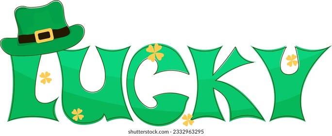 Clipart good luck inscriptions, four-leaf clover and green hat , good luck symbols, St. Patrick, vector 