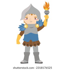 Clipart of kingdom’s guard in armour and holding a torch. Medieval fairytale kingdom’s guard character. Vector outline fantasy monarch kingdom.