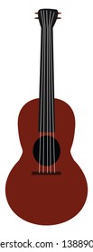 Clipart of a guitar with a maroon body  black-colored soundhole  neck  tuners  and headstock  has five strings  vector  color drawing or illustration