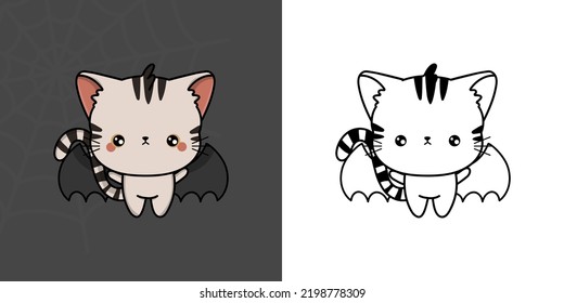 Clipart Halloween American Shorthair Cat Multicolored and Black and White. Cute Halloween Cat. Cute Vector Illustration of a Kawaii Halloween Animal in a Vampire Costume.
