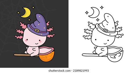 Videokunst Halloween Axolotl mehrfarbig und Schwarz-Weiß. Cute Clip Art Halloween Tier. Cute Vektor Illustration von Halloween Kawaii Tieren in Hexenkraut.
