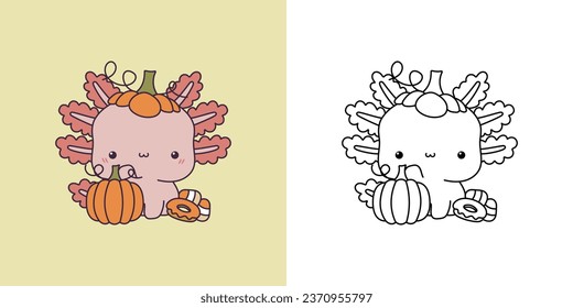 Clipart Halloween Axolotl Multicolored and Black and White. Cute Clip Art Halloween Salamander. Cute Vector Illustration of a Kawaii Halloween Amphibian Animal with Sweets. 