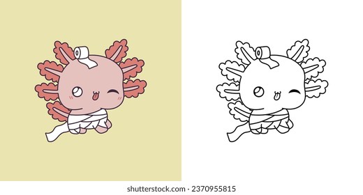 Clipart Halloween Axolotl Multicolored and Black and White. Cute Clip Art Halloween Salamander. Cute Vector Illustration of a Kawaii Halloween Reptile Animal in Mummy Costume. 