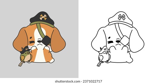 Clipart Halloween Beagle Dog Multicolored and Black and White. Cute Clip Art Halloween Dog. Cute Vector Illustration of a Kawaii Halloween Animal in a Pirate Costume. 