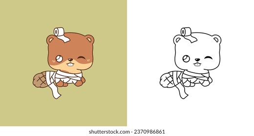 Clipart Halloween Beaver Multicolored and Black and White. Cute Clip Art Halloween Forest Animal. Cute Vector Illustration of a Kawaii Halloween Animal in Mummy Costume. 