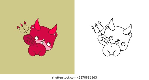Clipart Halloween Beaver Multicolored and Black and White. Cute Clip Art Halloween Forest Animal. Cute Vector Illustration of a Kawaii Halloween Animal in Devil Costume. 