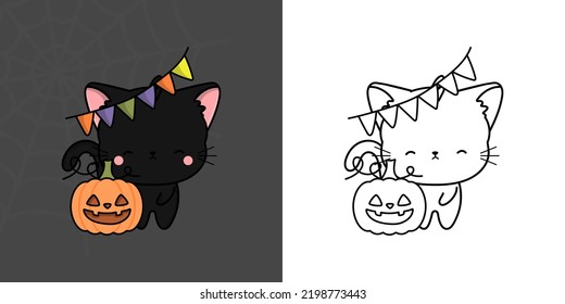 Clipart Halloween Bombay Cat Multicolored and Black and White. Cute Clip Art Halloween Cat. Cute Vector Illustration of a Kawaii Halloween Animal and Pumpkin.
