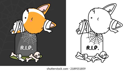 Clipart Halloween Corgi Dog Multicolored and Black and White. Cute Clip Art Halloween Puppy. Cute Vector Illustration of a Kawaii Animal Character for Halloween Stickers.
